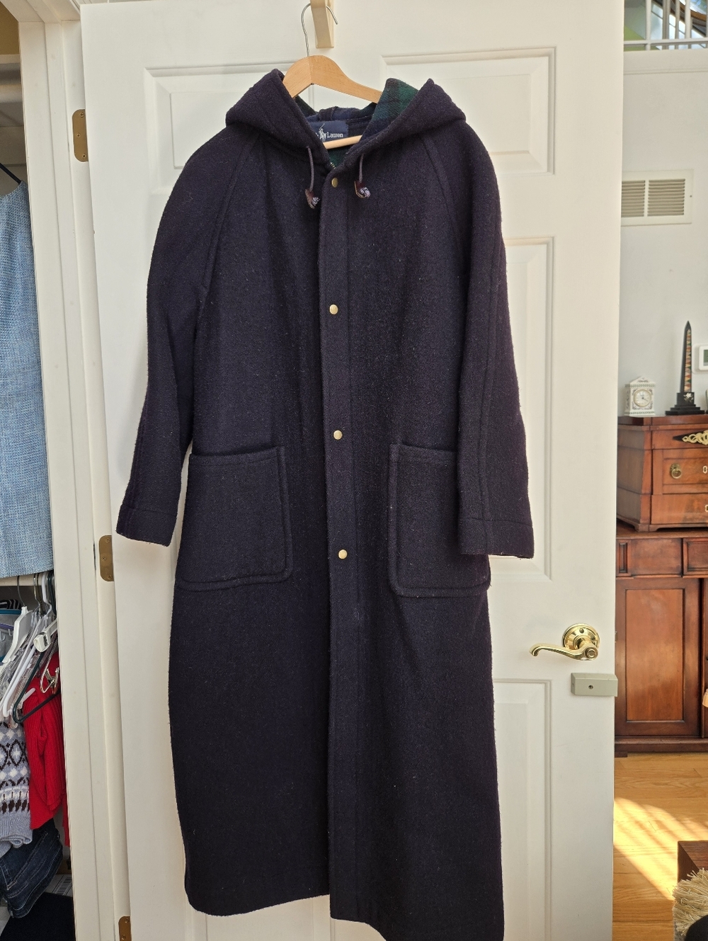 Authentic Polo by Ralph Lauren Navy Wool Trench Coat with Green Plaid Lining